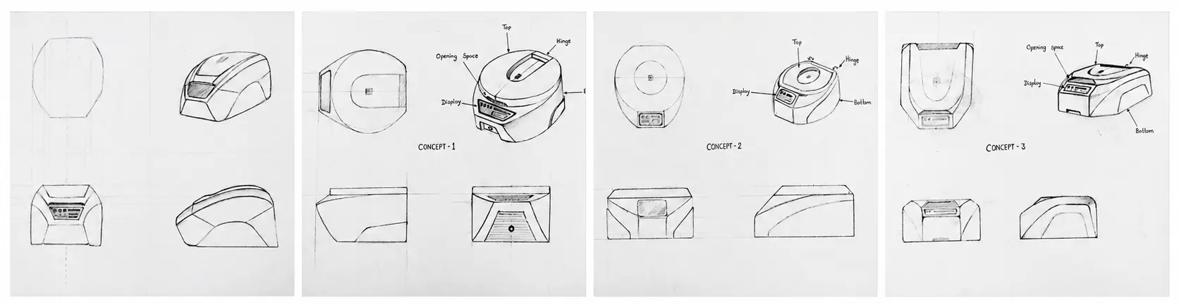 Ten centrifuge enclosure concept sketches from minimalistic to sporty